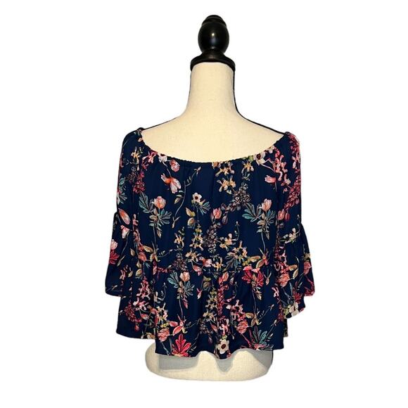 a.n.a. A New Approach Blouse Womens PM Navy Floral Bell Sleeve Off The Shoulder - Picture 4 of 7